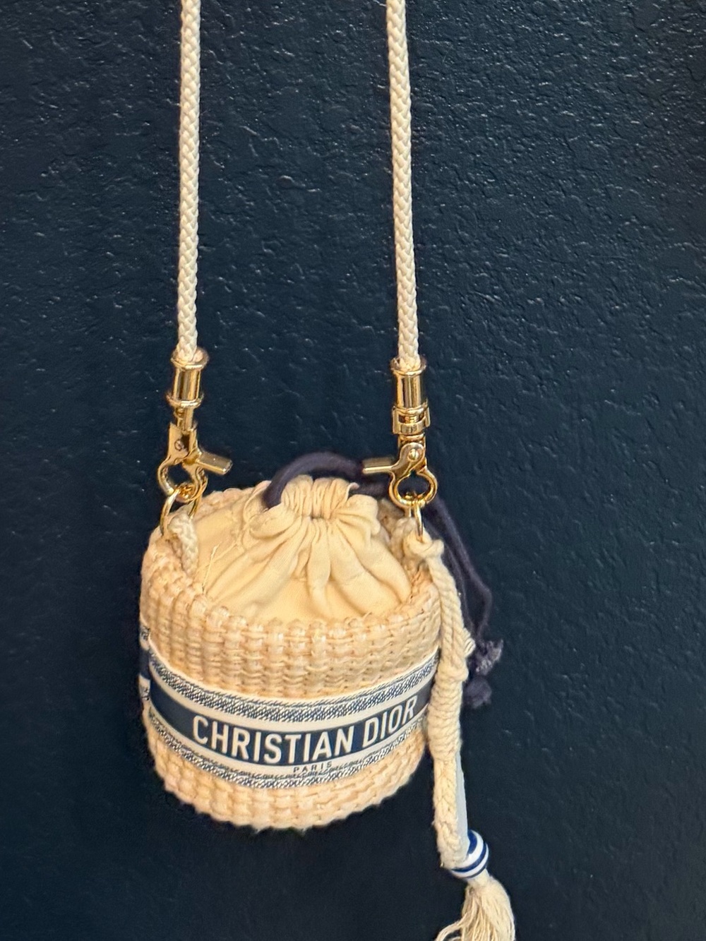 Dior Mini Raffia Bucket Bag Natural and Navy with Gold Chain and original strap - Picture 12 of 12